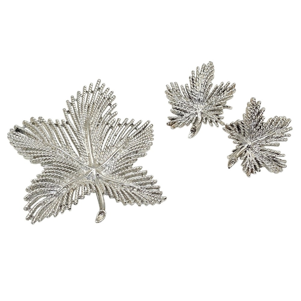 VTG Sarah Coventry Silver Tone‎ Maple Leaf Brooch & Earrings Set Costume Jewelry